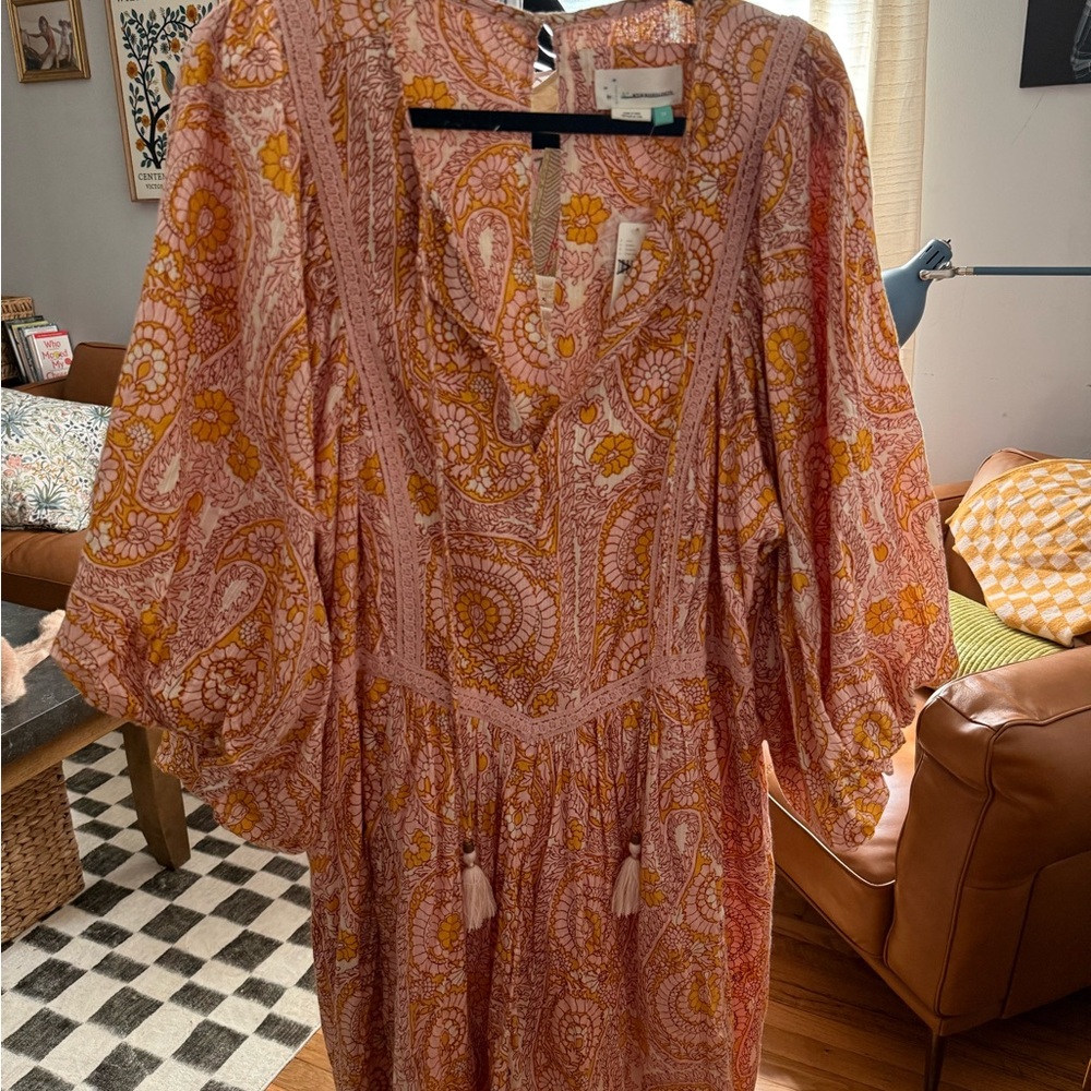 Anthropologie Long Sleeve Paisley Dress in Pink and Orange NWT